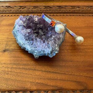 Virgins Saints & Angels Chunky Pearl Silver Cuff Bracelet Rainbow Stone Accents